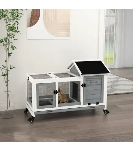 Jaula para Conejos con Ruedas Techo Abatible y Bandeja Extraíble para Interior y Exterior 108x58x73,5 cm Gris