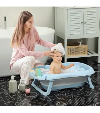 Bañera Plegable Bebé con Soporte con Orificio de Drenaje y Agujero de Ducha 83x48x23,5 cm Azul Claro