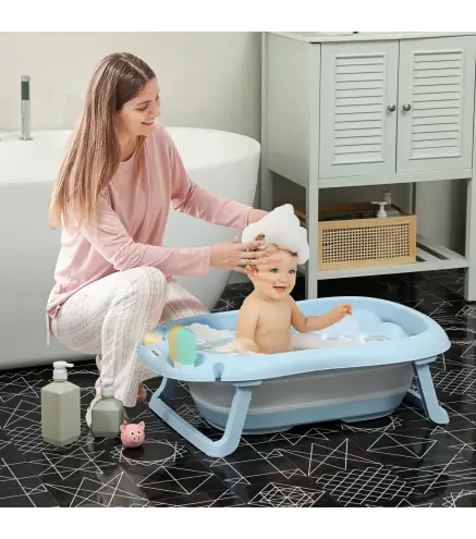 Bañera Plegable Bebé con Soporte con Orificio de Drenaje y Agujero de Ducha 83x48x23,5 cm Azul Claro