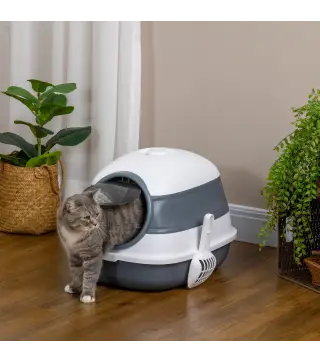 Caja de Arena para Gatos Plegable Arenero Cerrado para Gatos con Pala 52x41x38 cm Blanco y Gris