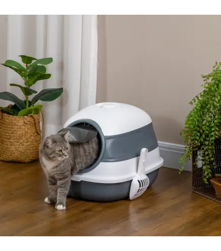 Caja de Arena para Gatos Plegable Arenero Cerrado para Gatos con Pala 52x41x38 cm Blanco y Gris