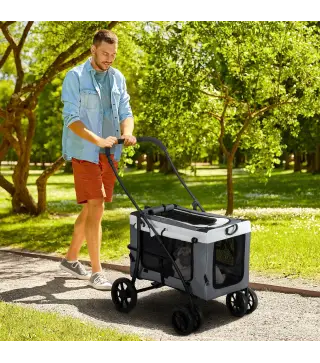 Cochecito para Perros Pequeños Plegable Cochecito para Mascotas con Vagón Desmontable 4 Puertas con Cremallera Gris