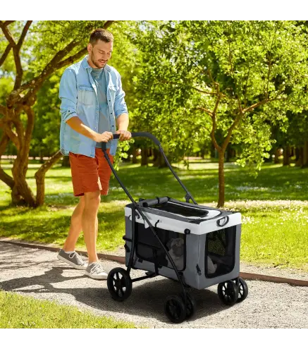 Cochecito para Perros Pequeños Plegable Cochecito para Mascotas con Vagón Desmontable 4 Puertas con Cremallera Gris