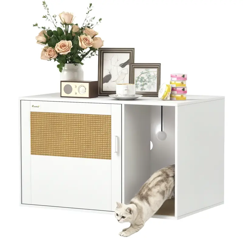 Mueble Arenero para Gatos Arenero para Gatos con Almohadilla para Rascar y Puerta de Ratán 80x50x50 cm Blanco