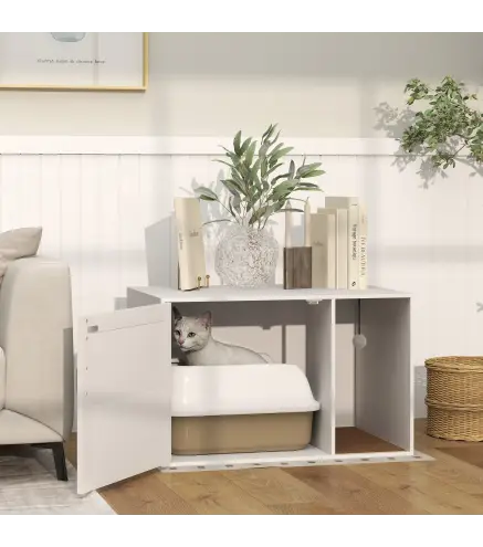 Mueble Arenero para Gatos Arenero para Gatos con Almohadilla para Rascar y Puerta de Ratán 80x50x50 cm Blanco