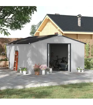 Cobertizo de Jardín Exterior 12,4 m² 340x386x200 cm con Puerta Corredera Techo Inclinado y 4 Ventanas Blanco