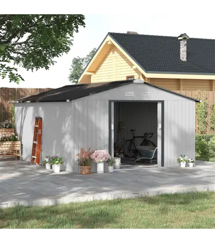 Cobertizo de Jardín Exterior 12,4 m² 340x386x200 cm con Puerta Corredera Techo Inclinado y 4 Ventanas Blanco