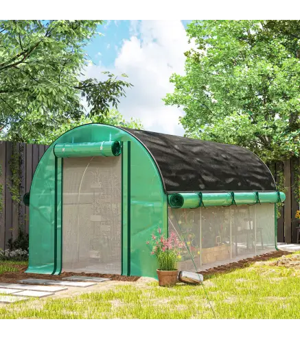Invernadero de Túnel 4,5x2x2 m con Cubierta PE 140 g/m² Paredes Laterales Enrollables 8 Ventanas y 2 Puertas Verde