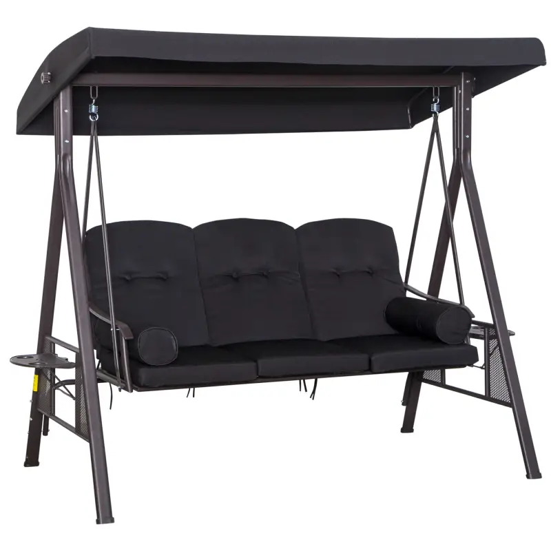 Balancín de Jardín Exterior de 3 Plazas con Toldo Curvo 2 Bandejas Laterales y 2 Almohadas de Brazo 206x116x183 cm Negro