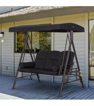 Balancín de Jardín Exterior de 3 Plazas con Toldo Curvo 2 Bandejas Laterales y 2 Almohadas de Brazo 206x116x183 cm Negro
