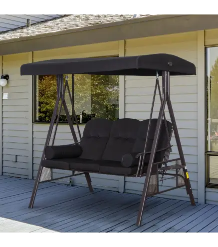Balancín de Jardín Exterior de 3 Plazas con Toldo Curvo 2 Bandejas Laterales y 2 Almohadas de Brazo 206x116x183 cm Negro