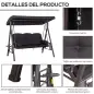 Balancín de Jardín Exterior de 3 Plazas con Toldo Curvo 2 Bandejas Laterales y 2 Almohadas de Brazo 206x116x183 cm Negro