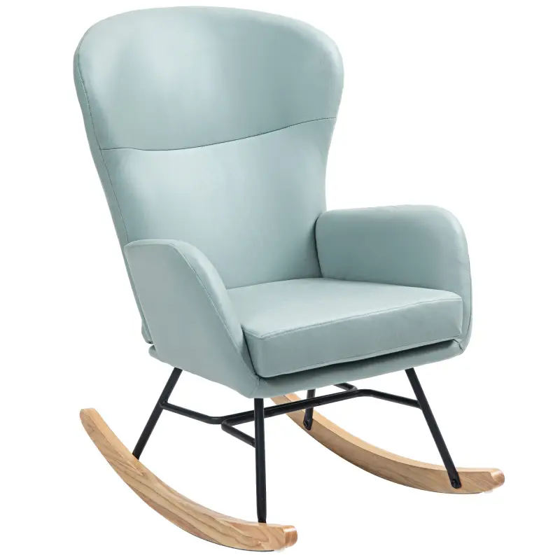 Mecedora Tapizada en Tejido Técnico con Patas de Madera de Haya Respaldo con Diseño Curvo y Reposabrazos Verde Claro