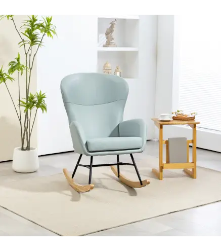 Mecedora Tapizada en Tejido Técnico con Patas de Madera de Haya Respaldo con Diseño Curvo y Reposabrazos Verde Claro