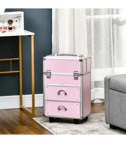 Maleta de Maquillaje Profesional Estuche para Cosmética con 6 Cajones Extensibles y Cierre Llave 36x23x58cm Rosa
