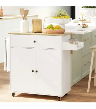 Isla de Cocina con Ala Abatible 2 Puertas Cajón Especiero Toallero y Estante Ajustable 106x42x87 cm Blanco y Roble