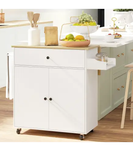 Isla de Cocina con Ala Abatible 2 Puertas Cajón Especiero Toallero y Estante Ajustable 106x42x87 cm Blanco y Roble