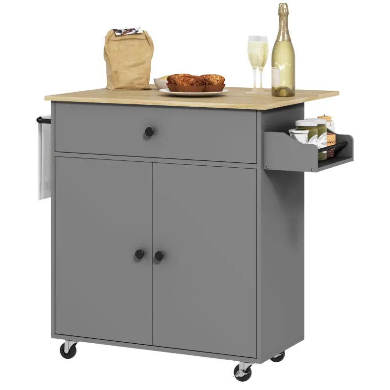 Isla de Cocina con Ala Abatible 2 Puertas Cajón Especiero Toallero y Estante Ajustable 106x42x87 cm Gris y Roble Isla de Cocina con Ala Abatible 2 Puertas Cajón Especiero Toallero y Estante Ajustable 106x42x87 cm Gris y Roble