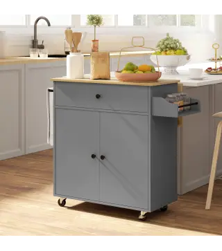 Isla de Cocina con Ala Abatible 2 Puertas Cajón Especiero Toallero y Estante Ajustable 106x42x87 cm Gris y Roble