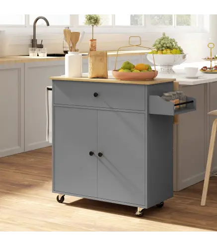 Isla de Cocina con Ala Abatible 2 Puertas Cajón Especiero Toallero y Estante Ajustable 106x42x87 cm Gris y Roble