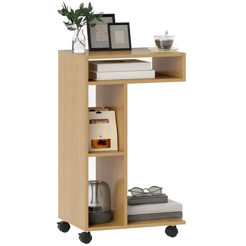 Mesa Auxiliar para Sofá Mesa Auxiliar en Forma de C con Ruedas Compartimentos Abiertos 40x30x69 cm Roble