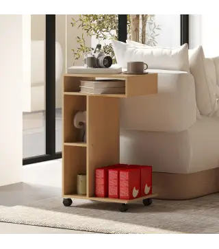 Mesa Auxiliar para Sofá Mesa Auxiliar en Forma de C con Ruedas Compartimentos Abiertos 40x30x69 cm Roble