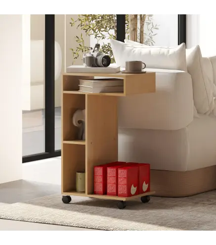 Mesa Auxiliar para Sofá Mesa Auxiliar en Forma de C con Ruedas Compartimentos Abiertos 40x30x69 cm Roble