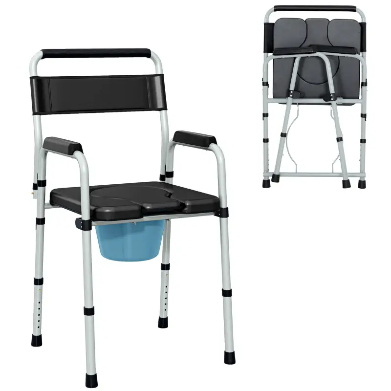Silla con Inodoro Plegable con Altura Ajustable Cubo y Almohadillas Antideslizantes Carga 150 kg Negro