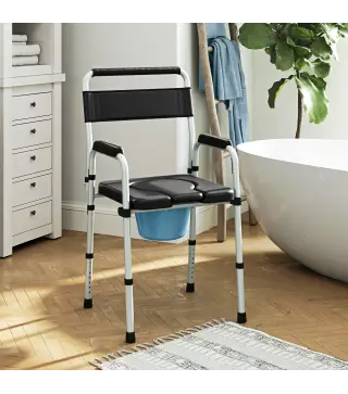 Silla con Inodoro Plegable con Altura Ajustable Cubo y Almohadillas Antideslizantes Carga 150 kg Negro