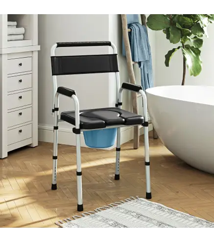 Silla con Inodoro Plegable con Altura Ajustable Cubo y Almohadillas Antideslizantes Carga 150 kg Negro