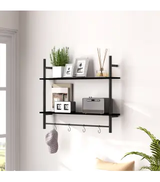 Estante de Pared de 2 Niveles Estante Flotante con 4 Ganchos 2 Estantes y Marco de Acero 80x24x65 cm Negro
