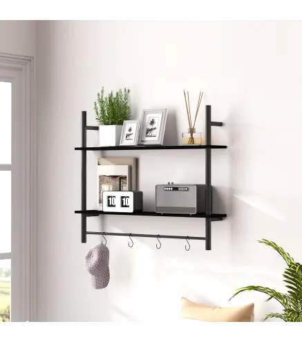 Estante de Pared de 2 Niveles Estante Flotante con 4 Ganchos 2 Estantes y Marco de Acero 80x24x65 cm Negro