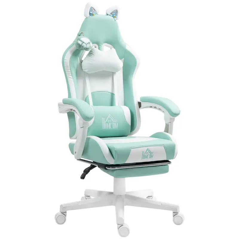 Silla Gamer Reclinable con Altura Ajustable Reposapiés Retráctil Soporte Lumbar y Reposacabezas Desmontable Verde Menta