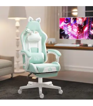 Silla Gamer Reclinable con Altura Ajustable Reposapiés Retráctil Soporte Lumbar y Reposacabezas Desmontable Verde Menta