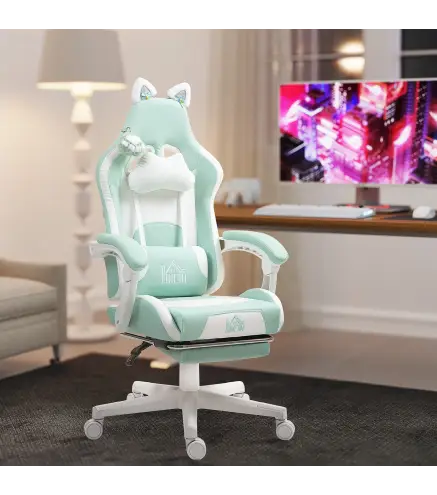 Silla Gamer Reclinable con Altura Ajustable Reposapiés Retráctil Soporte Lumbar y Reposacabezas Desmontable Verde Menta