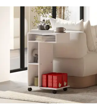 Mesa Auxiliar para Sofá Mesa Auxiliar en Forma de C con Ruedas Compartimentos Abiertos 40x30x69 cm Blanco