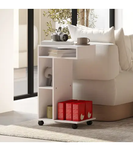 Mesa Auxiliar para Sofá Mesa Auxiliar en Forma de C con Ruedas Compartimentos Abiertos 40x30x69 cm Blanco