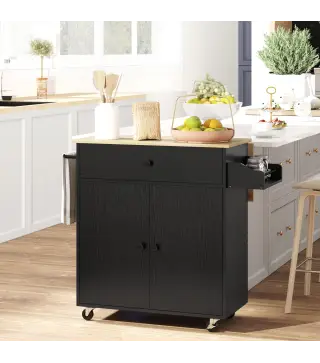 Isla de Cocina con Ala Abatible 2 Puertas Cajón Especiero Toallero y Estante Ajustable 106x42x87 cm Negro y Roble