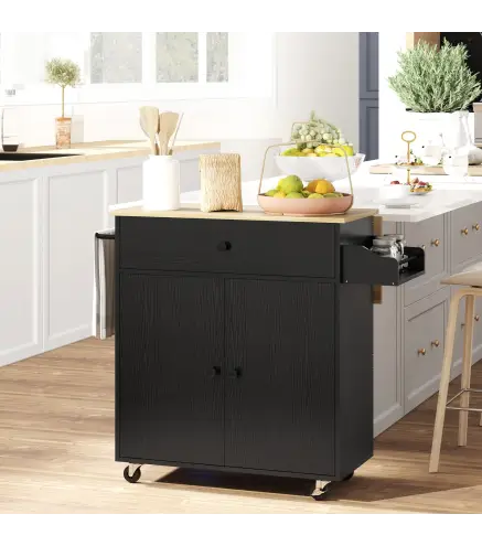 Isla de Cocina con Ala Abatible 2 Puertas Cajón Especiero Toallero y Estante Ajustable 106x42x87 cm Negro y Roble