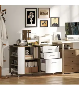 Mueble Archivador con Ruedas 3 Cajones Estación de Carga Cerradura y Estantes 100x40x65,5 cm Marrón Grisáceo