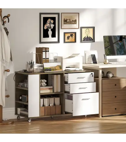 Mueble Archivador con Ruedas 3 Cajones Estación de Carga Cerradura y Estantes 100x40x65,5 cm Marrón Grisáceo