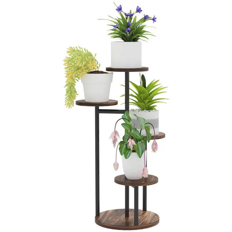 Soporte para Plantas de Madera y Acero de 5 Niveles con 5 Estantes Redondos Soporte para Macetas 43x43x70 cm Carbonizado Soporte para Plantas de Madera y Acero de 5 Niveles con 5 Estantes Redondos Soporte para Macetas 43x43x70 cm Carbonizado