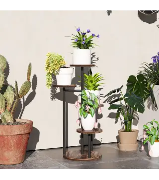 Soporte para Plantas de Madera y Acero de 5 Niveles con 5 Estantes Redondos Soporte para Macetas 43x43x70 cm Carbonizado