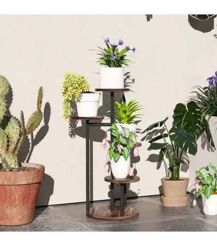 Soporte para Plantas de Madera y Acero de 5 Niveles con 5 Estantes Redondos Soporte para Macetas 43x43x70 cm Carbonizado