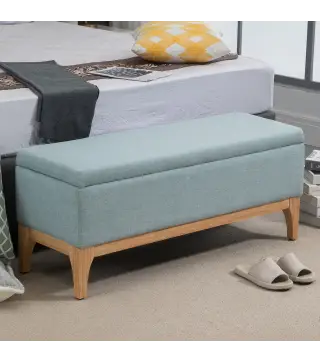 Baúl de Almacenaje para Dormitorio 72L Tapizado en Lino con Patas de Madera 110x39x45 cm Verde Claro