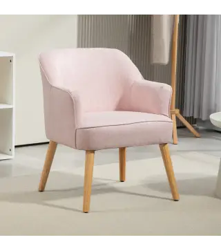 Butaca de Salón Moderna Sillón Individual Tapizado en Lino con Patas de Madera Carga 120 kg 64,5x65x79,5 cm Rosa