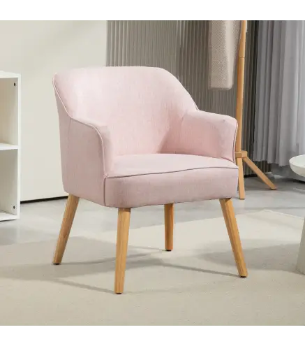 Butaca de Salón Moderna Sillón Individual Tapizado en Lino con Patas de Madera Carga 120 kg 64,5x65x79,5 cm Rosa