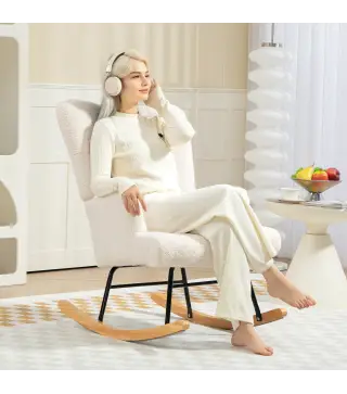 Silla Mecedora de Borreguito con Respaldo Capitoné y Base de Madera de Caucho para Salón o Dormitorio 65x88x87 cm Crema