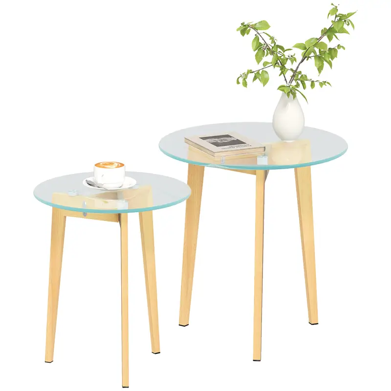 Set de 2 Mesas Auxiliares Modernas de Ø50x45 cm y Ø40x40 cm con Encimera de Vidrio Templado y Estructura de Acero