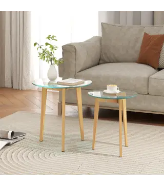 Set de 2 Mesas Auxiliares Modernas de Ø50x45 cm y Ø40x40 cm con Encimera de Vidrio Templado y Estructura de Acero